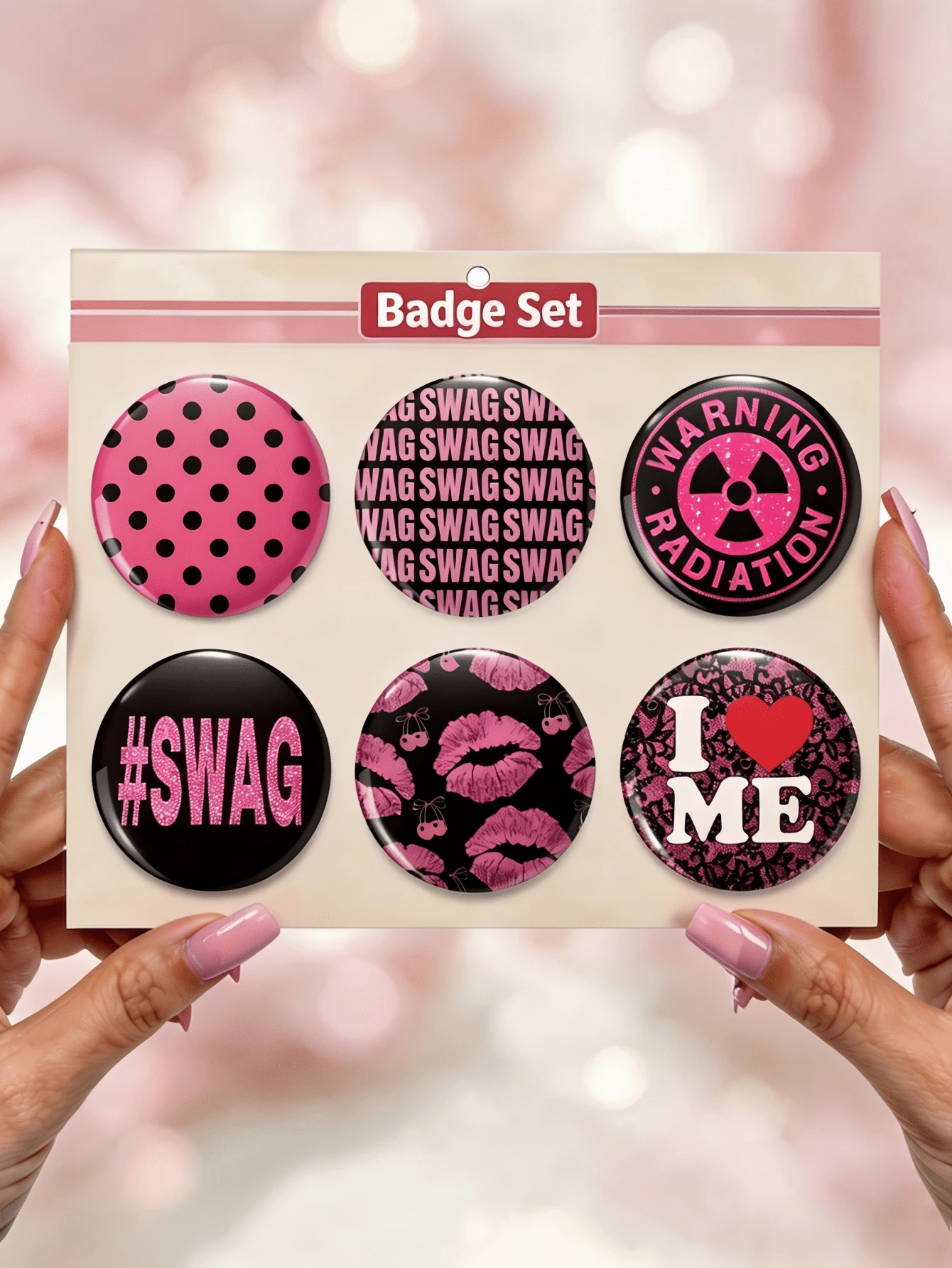 Pink Black Fun Pattern Pin Badge Brooch, Round Decorative Buttons, Clothing Backpack Accessory, Cute Gift For Friends - Multicolor - View 1