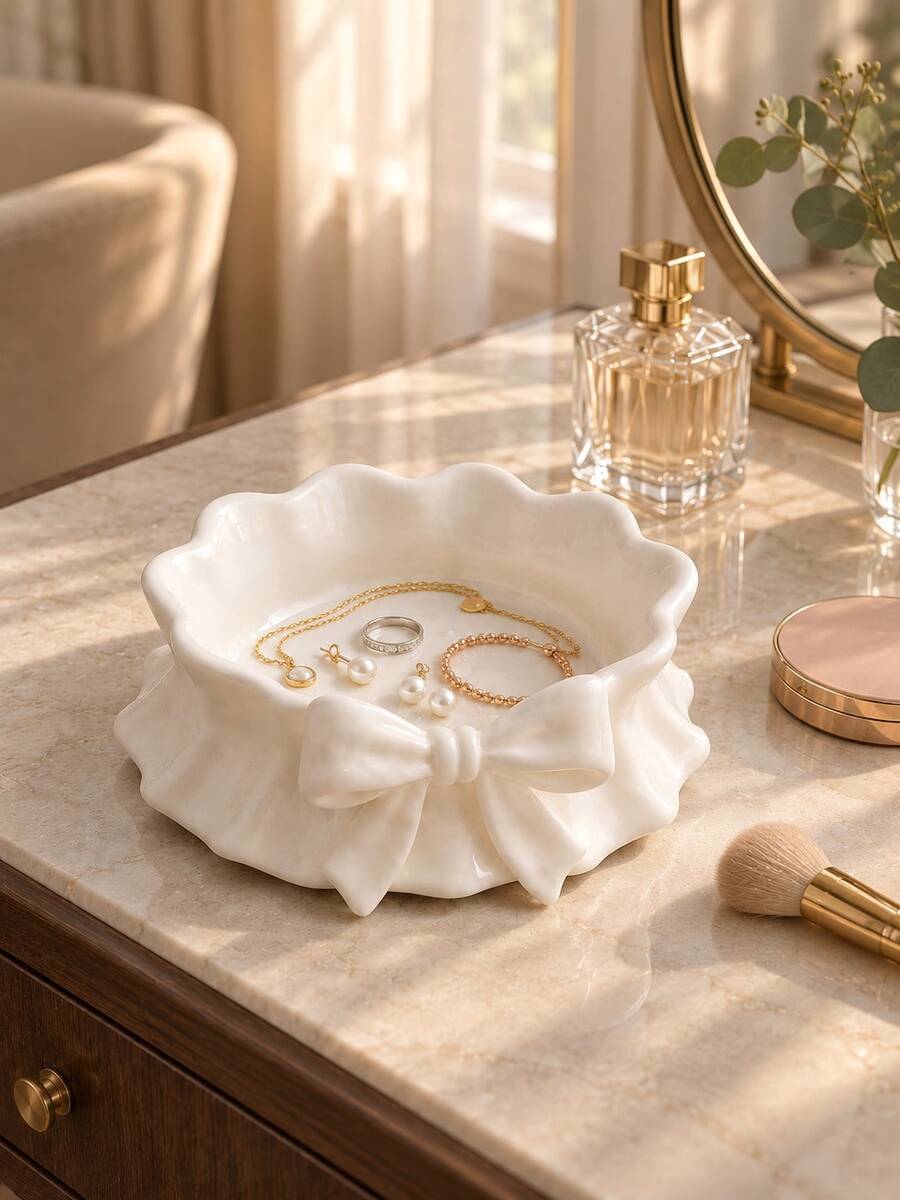 1pc White Bow Jewelry Storage Tray, Wavy Edge Round Dish, Can Neatly Store Rings, Earrings, Necklaces, Bracelets And Small Accessories, Add Elegant Decoration To Vanity, Dresser, Bedside Table Or Desk, Jewelry Dish, Vanity Storage, Storage - Multicolor - View 1