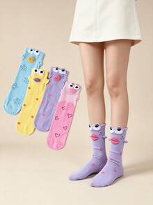 1/4 Pair Cute Funny 3D Cartoon Contrast Color Print Mid-Calf Socks - Multicolor - View 1