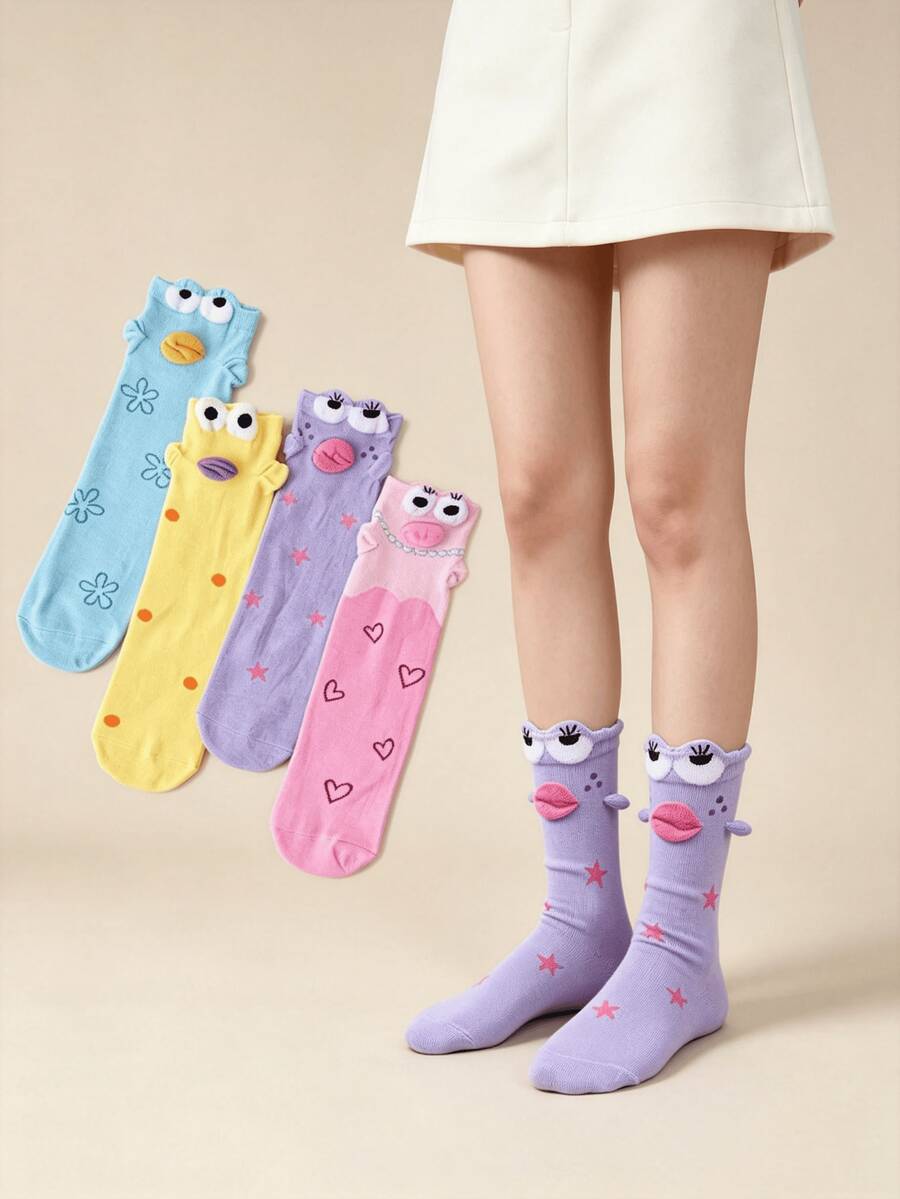 1/4 Pair Cute Funny 3D Cartoon Contrast Color Print Mid-Calf Socks - Multicolor - View 1