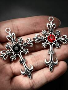 Vintage Gothic Cross Charm, Antique Silver Fleur-De-Lis Cross Pendant With Black/Red Rhinestone, DIY Jewelry Making Accessory For Necklace Bracelet - Multicolor - View 1