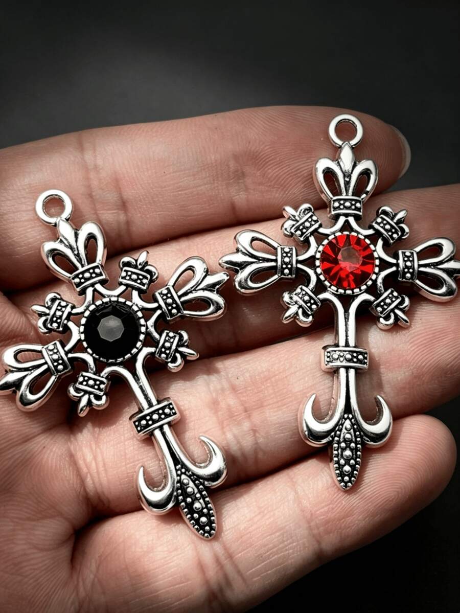 Vintage Gothic Cross Charm, Antique Silver Fleur-De-Lis Cross Pendant With Black/Red Rhinestone, DIY Jewelry Making Accessory For Necklace Bracelet - Multicolor - View 1