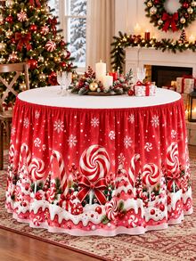 1pc Candy Cane Christmas Table Skirt, Mint Lollipop Snow-Capped Christmas Tree Gift Box Red Bow Snowflake Print Table Edge Cover, Suitable For Dessert Table, Family Gathering And Christmas Party Decoration - Multicolor - View 1