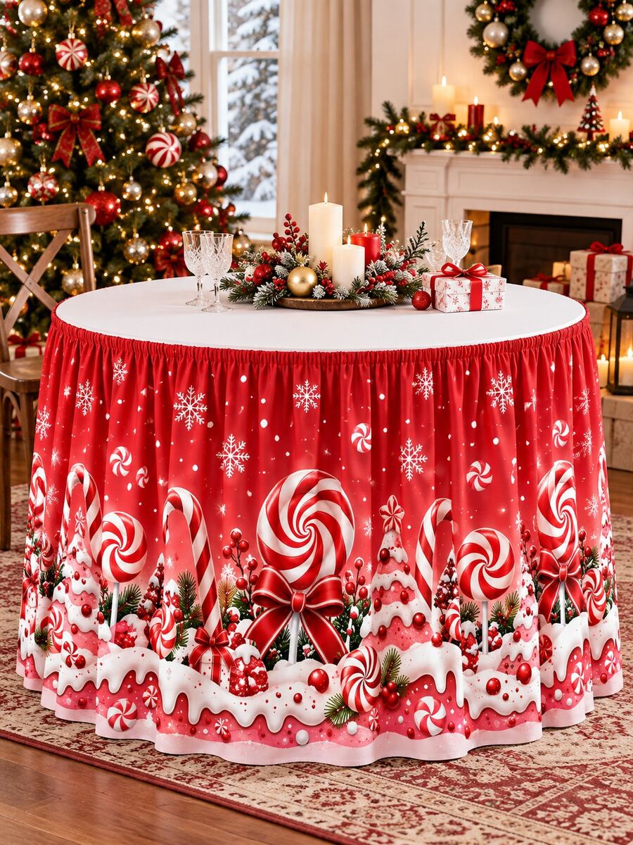 1pc Candy Cane Christmas Table Skirt, Mint Lollipop Snow-Capped Christmas Tree Gift Box Red Bow Snowflake Print Table Edge Cover, Suitable For Dessert Table, Family Gathering And Christmas Party Decoration - Multicolor - View 1