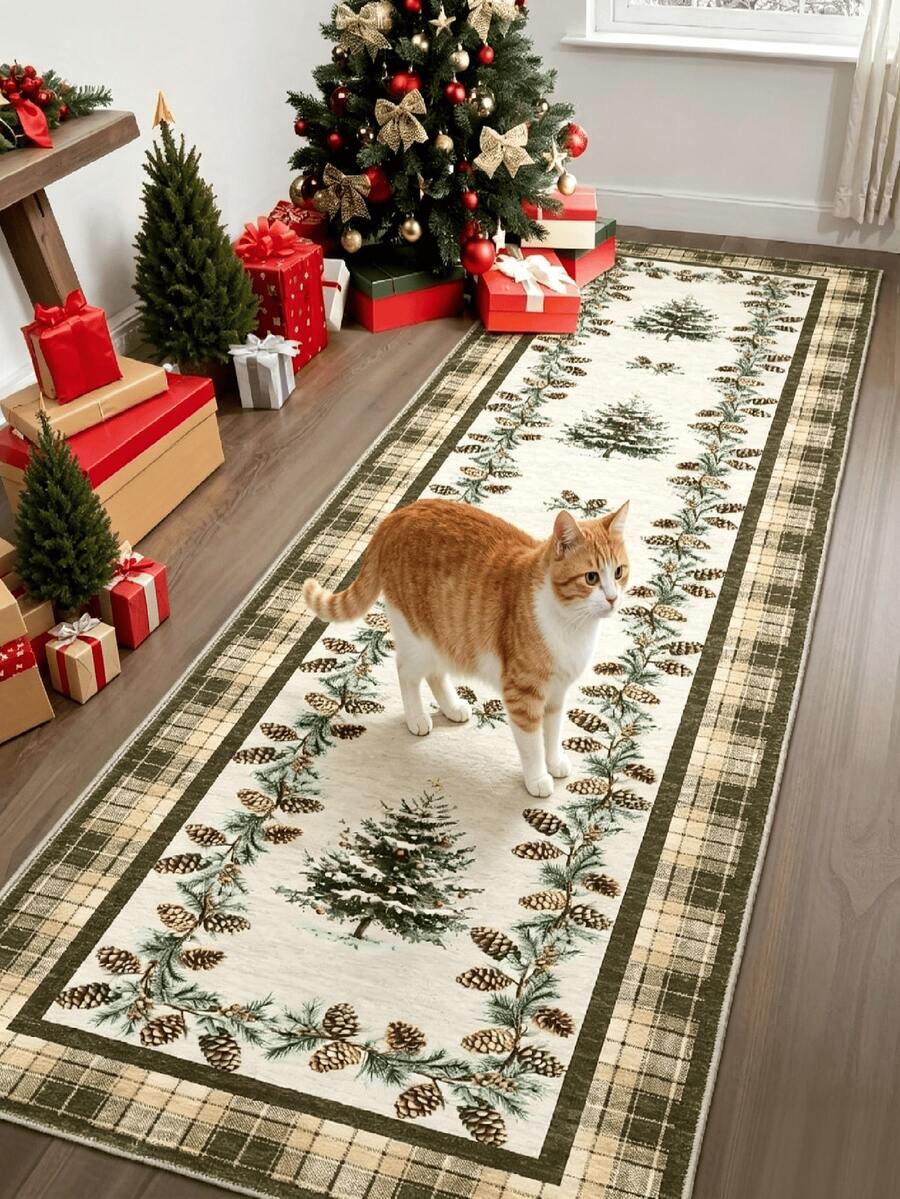 1pc Green Christmas Pine Tree Pattern Long Runner Rug, Velvet Carpet, Suitable For Room Decor, Indoor Door Mat, Living Room Rug, Kitchen Mat, Bedroom Rug, Bathroom Mat, Washable Carpet, Home Decor, Bedroom Decor, Non-Slip Wear-Resistant, Noise-Reducing Sound-Absorbing, Skin-Friendly Soft - Dark Green - View 1