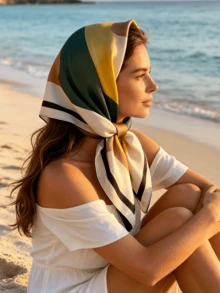 1PC Women's Faux Silk Print Square Scarf Bandana – Versatile As Hairband, Waist Accessory & Bag Decoration For Beach, Music Festival & Holiday Party - Green - View 3