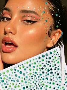 7/5/3/1 Sheets Green Self-Adhesive Face Gem Stickers, Tweezers, For Face, Body, Suitable For Christmas, Parties, Festivals, Y2K Style, Concert Looks, Face Gems, Accessories Can Be Purchased Separately - Multicolor - View 3