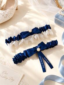 Customized Bride Name & Date Personalized Wedding Garter, Blue Lace Bridal Keepsake, Handmade Gift, Gift For Her - Multi-color - Sock Strap Set - View 3