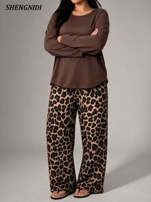 Women's Plus Size Pajama Set Long Sleeve Pants Loungewear, Autumn/Winter - Brown - View 4