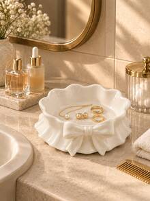 1pc White Bow Jewelry Storage Tray, Wavy Edge Round Dish, Can Neatly Store Rings, Earrings, Necklaces, Bracelets And Small Accessories, Add Elegant Decoration To Vanity, Dresser, Bedside Table Or Desk, Jewelry Dish, Vanity Storage, Storage - Multicolor - View 2