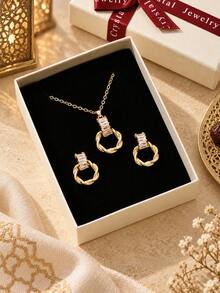 3pcs Elegant Copper Rhinestone Round Pendant Earrings & Necklace Set, For Women Daily, Dating, Party - Yellow Gold - View 2