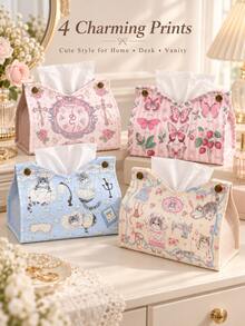Cute Cat Print Tissue Box Cover, Decorative Fabric Tissue Storage Box, Rectangular Napkin Holder, Bedroom Living Room Desktop Decorative Tissue Storage Rack - Multicolor - View 8