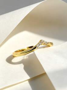 Charm-In Daily Jewelry 1pc Gold-Plated Zirconia Inlaid Shiny V-Shaped Ring, Fade-Resistant, Women's Ring, Jewelry Gift - Yellow Gold - View 2