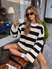 Women's Round Neck Striped Knit Sweater, Dropped Shoulder Loose Fit Vintage Pullover Top, Suitable For Campus, Party And Daily Occasions - Black and White - View 2