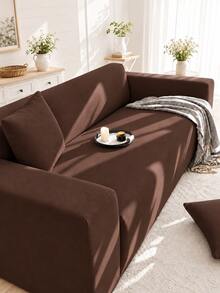 1pc Solid Color Milk Silk All-Season Elastic Full Sofa Cover + 1pc Matching No-Filling Pillow Cushion Cover - Coffee Brown - View 2