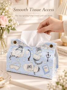 Cute Cat Print Tissue Box Cover, Decorative Fabric Tissue Storage Box, Rectangular Napkin Holder, Bedroom Living Room Desktop Decorative Tissue Storage Rack - Multicolor - View 4