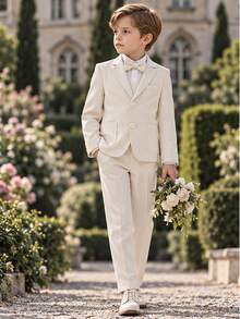 新款男童西裝套裝，花童婚禮服裝，英式風格男童西裝三件套，西裝外套與長褲 - 米色 - 查看 10
