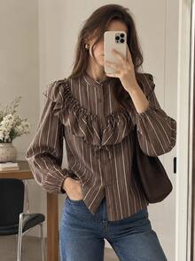 Women's Long Sleeve Striped Layered Decorative Blouse, Spring/Summer - Coffee Brown - View 2