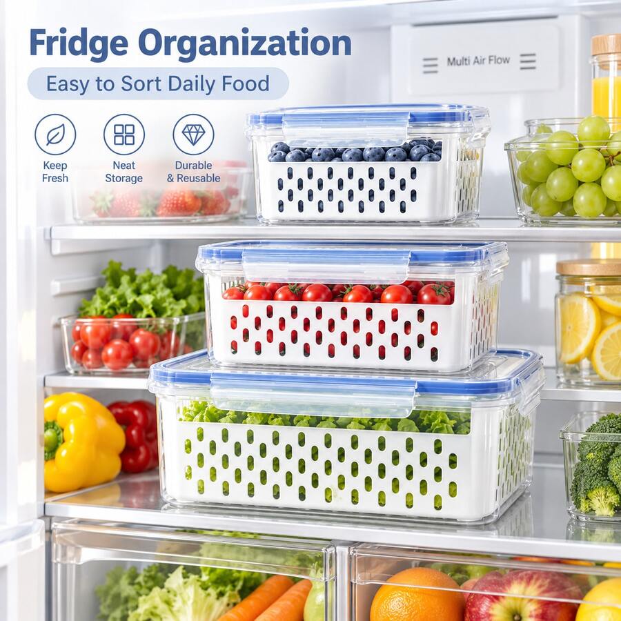 Large Capacity Fruit Storage Box With Removable Strainer Basket, Refrigerator Food Storage Container, Dishwasher , Extends Freshness Of Berries, Fruits And Vegetables