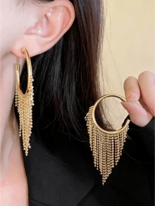 1 Pasang Anting-Anting Minimalis Fashion Panjang Rumbai Emas Elegan - Emas - View 15