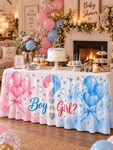 Gender Reveal Party Table Skirt, Pink & Blue Balloon Question Mark Boy Or Girl Print, Baby Shower Dessert Table Decoration, Table Edge Skirt - Multicolor - View 6