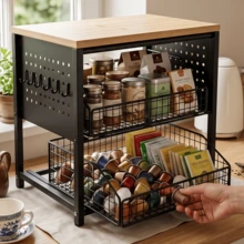 2026 Neuheit Dreistufiger Kaffee Organizer für Küche, Kaffeestation mit Walnuss Echtholzoberfläche, 5 Metall-Schubkörben und seitlichem Tablett, Multifunktionaler Aufbewahrungsständer für Kaffeemaschine, Tassen, Gewürze, Teezubehör - Verschiedenfarbig - Übersicht 3