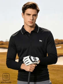 Men's Long Sleeve Polo Shirt With Buttons, Simple Print And Solid Color, Suitable For Gym, Running, Workout, Golf, Autumn/Winter Men's T-Shirt - Black - View 4