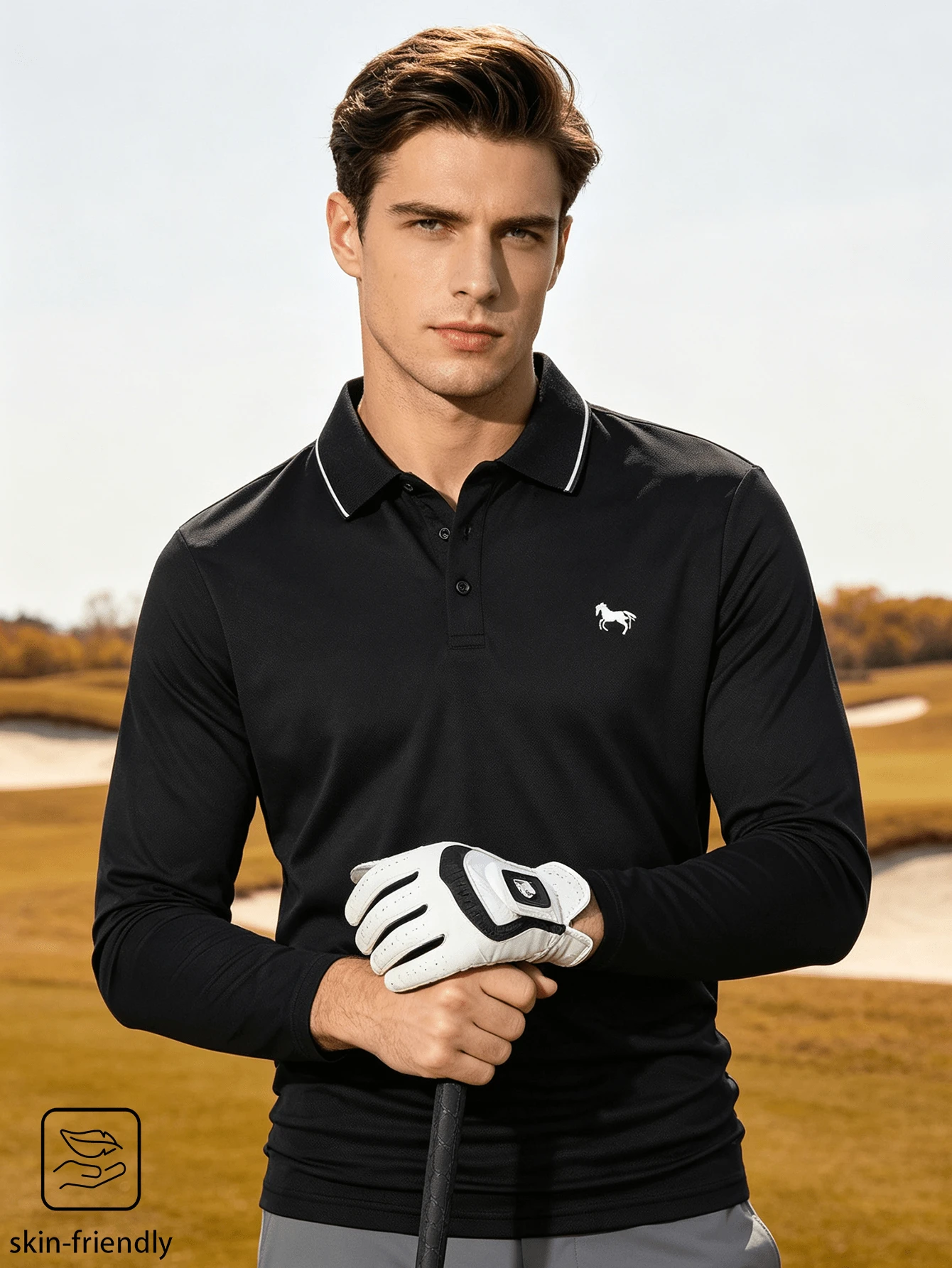 Men's Long Sleeve Polo Shirt With Buttons, Simple Print And Solid Color, Suitable For Gym, Running, Workout, Golf, Autumn/Winter Men's T-Shirt - Black - View 1