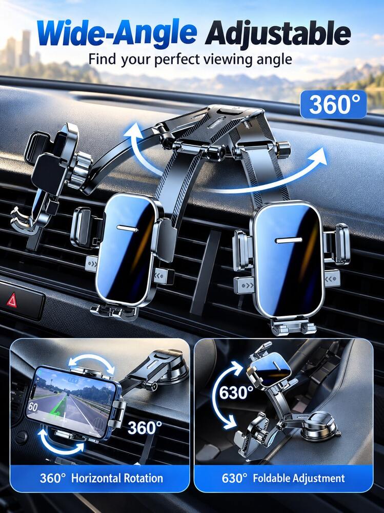汽車手機支架，真空吸盤式儀表板/擋風玻璃安裝，360°旋轉自動鎖定搖籃，附可折疊延伸臂，通用GPS導航支架，適用於汽車、SUV、卡車，可調節側夾，免手持駕駛配件 - 彩色 - 查看 7
