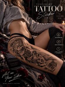 Full Arm Sleeve Temporary Tattoo Stickers, Gothic Black Sketch Compass Clock Rose Skull Wolf Pattern, Waterproof Disposable Fake Body Art Tattoos For Men Women, Lasts 2-5 Days For Party Vacation - Black - View 6