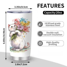 1/5pcs 20oz Cute Cat Travel Mug, Adorable Kitten Holding Flowers Flat Print, Fresh Watercolor Style, With Transparent Lid, Vacuum Insulated Stainless Steel Cup, Reusable, Suitable For Hot And Cold Drinks. Full Of Healing Vibes, Portable For Commuting And Outings, A Creative And Fun Gift For Cat Lovers. - Kitten Holding Flowers - View 7