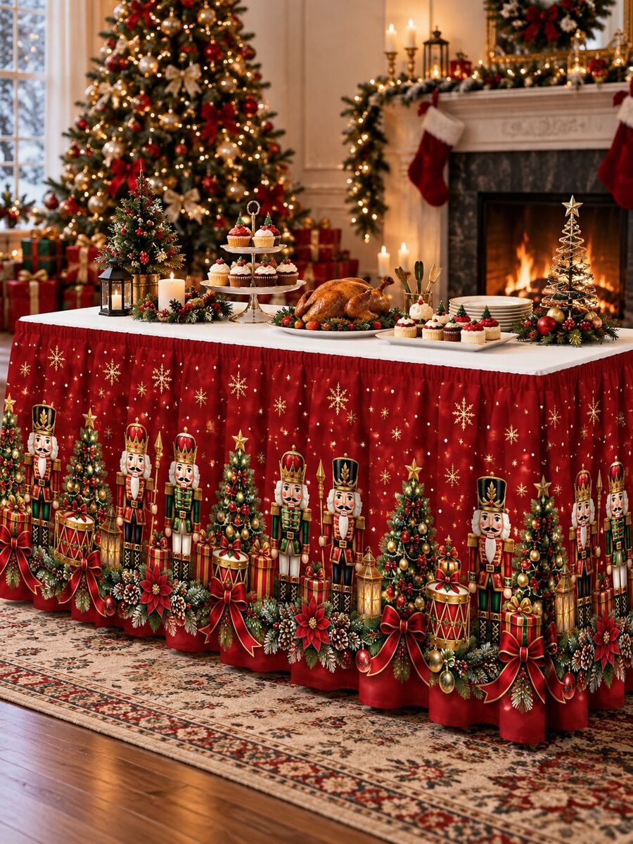 1pc Nutcracker Christmas Table Skirt, Red & Gold Soldier Guard Christmas Tree Drum Lantern Print Round Tablecloth Cover, Suitable For Dessert Buffet Table, Holiday Dinner And Christmas Party Decor - Multicolor - View 1