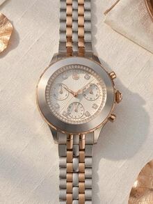 Swarovski Two-Tone Chronograph Watch - Rose Gold & Silver Crystal Bezel White Dial, Swiss Made Luxury Wristwatch Gift For Women - Rose Gold - View 8