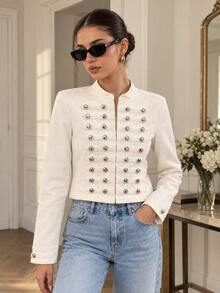 Women's Spring/Autumn Military Style Stand Collar Multi-Row Silver Metal Button Decor Short Long Sleeve Jacket White - White - View 2
