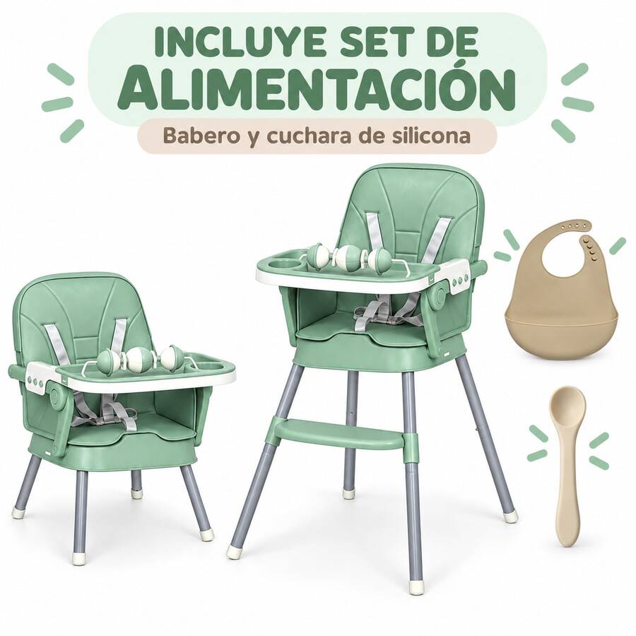 Silla alta para niños, dos modos de altura, incluye vajilla - Verde - Ver 1