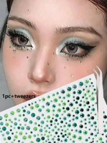 7/5/3/1 Sheets Green Self-Adhesive Face Gem Stickers, Tweezers, For Face, Body, Suitable For Christmas, Parties, Festivals, Y2K Style, Concert Looks, Face Gems, Accessories Can Be Purchased Separately - Multicolor - View 10