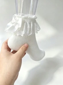 1/3 Pairs Women's Lace Mid-Calf Socks With Large Satin Bow And Floral Lace Trim, Sweet Cute Lolita Style Mesh Ruffle Short Socks, Gift For Friends - Multicolor - View 13