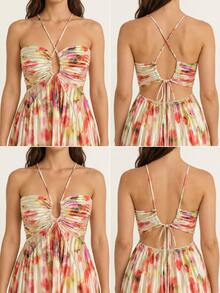 Women's Elegant Floral Pleated Spaghetti Strap Dress, Flowy Backless Dress, Suitable For Vacation, Party, Evening Event - Apricot - View 9