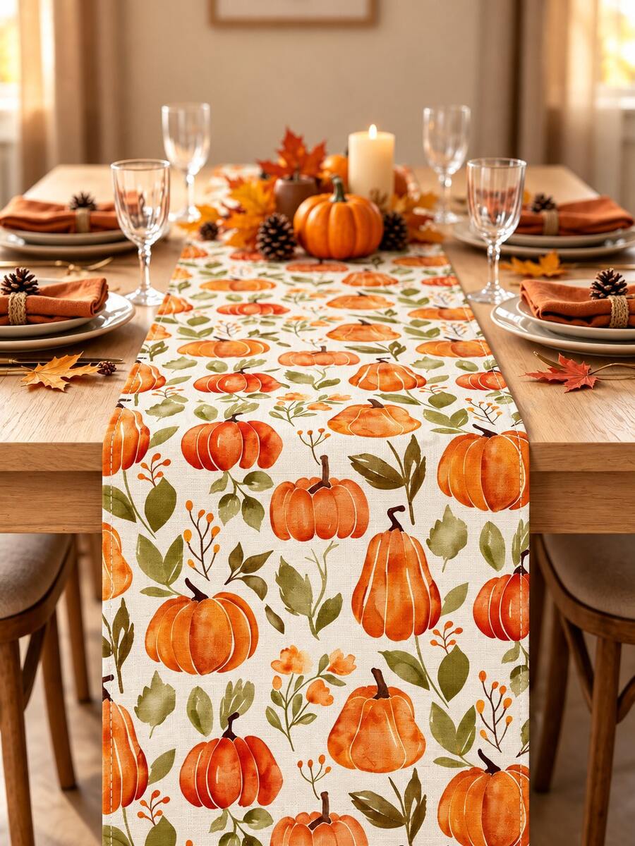 Autumn Pumpkin Floral Table Runner, Fall Harvest Thanksgiving Table Decor, Orange Pumpkin & Wildflower Printed Dining Table Runner For Kitchen, Home, Farmhouse, Holiday Party Decoration - Multiple Styles - View 1