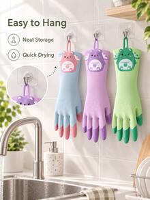 Cute Cartoon Print Latex Protective Gloves, Extended Cuff Design Waterproof Household Gloves, Non-Slip Texture With Convenient Hook, Color Block Style, Suitable For Kitchen Dishwashing, Bathroom Cleaning And Various Daily Chores - Multiple Styles - View 3