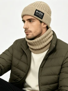 2pcs/Set Autumn/Winter Unisex Knitted Hat & Scarf Set, Solid Color Cable Knit Woolen Beanie & Neck Warmer, Warm Outdoor Set - A - View 3