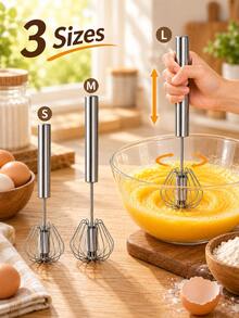 1pc Semi-Automatic Egg & Milk Mixer, Stainless Steel Hand-Push Rotary Whisk, Manual Handheld Mixer, Suitable For Eggs, Cream, Batter, Milk Foam And Sauces, Easy To Press, Kitchen Baking, Cooking, Cake Making, Home Kitchen Essential, S/M/L Sizes - Silver - View 1