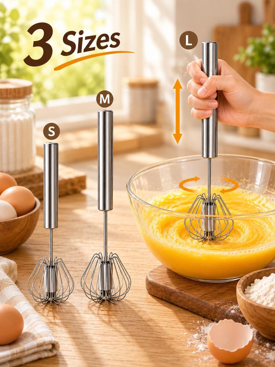 1pc Semi-Automatic Egg & Milk Mixer, Stainless Steel Hand-Push Rotary Whisk, Manual Handheld Mixer, Suitable For Eggs, Cream, Batter, Milk Foam And Sauces, Easy To Press, Kitchen Baking, Cooking, Cake Making, Home Kitchen Essential, S/M/L Sizes - Silver - View 1