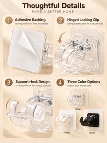 8/2/1pc Curtain Rod Brackets, Self-Adhesive Curtain Hooks With Spring Clip Design, No Drilling Required, Suitable For Round Curtain Rods, Ideal For Renters, Bedroom And Living Room Curtain Installation - Multicolor - View 7
