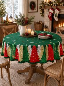 1 Christmas Tablecloth, Green Christmas Tree Patterned Table Cover, Holiday Kitchen Party Decoration, Christmas Dinner Festive Home Decoration - Multicolor - View 2
