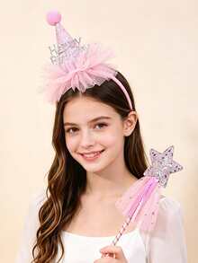 2pcs Girls Birthday Pink Tulle Headband Set, Includes Flower And Birthday Hat Headbands, Essential Fashion Hair Accessories For Holiday, Summer Birthday Party Gift - Multicolor - View 2