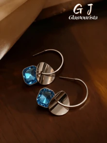 1 Pair French Elegant Square Sequin Blue Rhinestone Dangle Earrings, Minimalist Fashion High-End Design Korean Style Ear Hooks, Suitable For Women's Daily, Holiday, Commute Wear - Multicolor - View 2