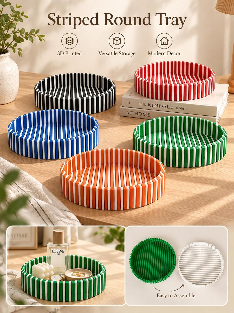 1pc 3D Printed Striped Round Tray, Quantum Style Decorative Storage Tray, Aesthetic Tabletop Ornament, Multi-Purpose Desktop Organizer For Small Items, Modern Home Table Decor - Multicolor - View 1