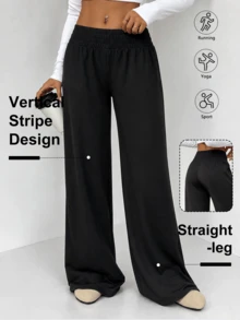 Women's High Waist Ruched Wide Leg Pants, Loose Flowy Casual Long Pants, Elastic Waist Palace Style Wide Leg Pants - Black - View 1