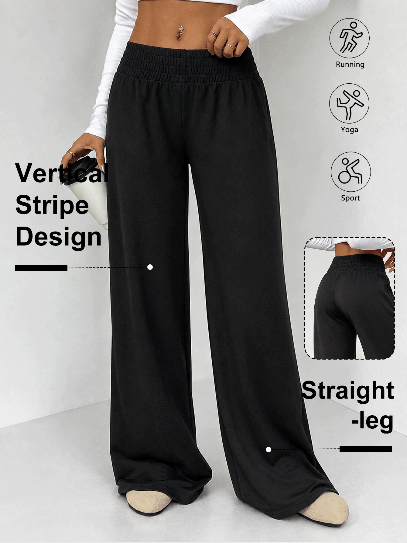 Women's High Waist Ruched Wide Leg Pants, Loose Flowy Casual Long Pants, Elastic Waist Palace Style Wide Leg Pants - Black - View 1